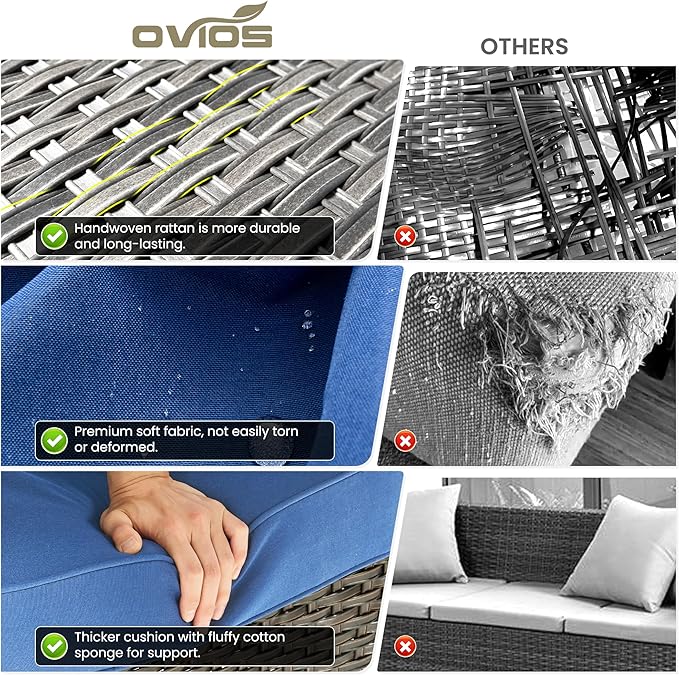 ovios 6 Pieces Patio Furniture Set, Outdoor Wicker Sofa Couch with Swivel Chairs Ottomans Comfy Cushions, All Weather High Back Modern Conversation Sets, Brown Rattan, Navy Blue