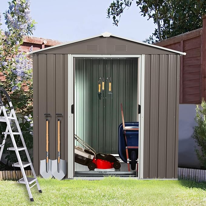 6x5 FT Outdoor Storage Shed, Metal Garden Shed with Frame Floor, Outside Tool Shed with Lockable Sliding Doors, Waterproof Storage Building with Sloped Roof for Backyard, Patio, Lawn, Warm Gray