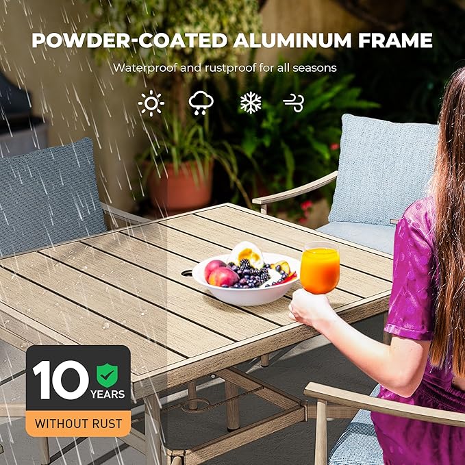 HAPPATIO 5-Piece Outdoor Dining Set for 4, Aluminum Patio Dining Set Includes 1 Large Square Table with Umbrella Hole and 4 Dining Chairs, Patio Furniture Set for Lawn, Porch, or Backyard (Brown)