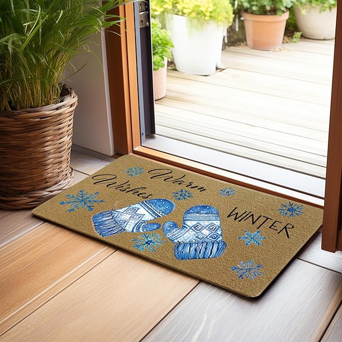 Winter Christmas Faux Coir Door Mats Outdoor, Winter Gloves Snowflake Door Mat for Home Outside Entryway, Warm Wishes Christmas Welcome Doormat for Indoor Outdoor Porch Entrance, 17x30 Inch