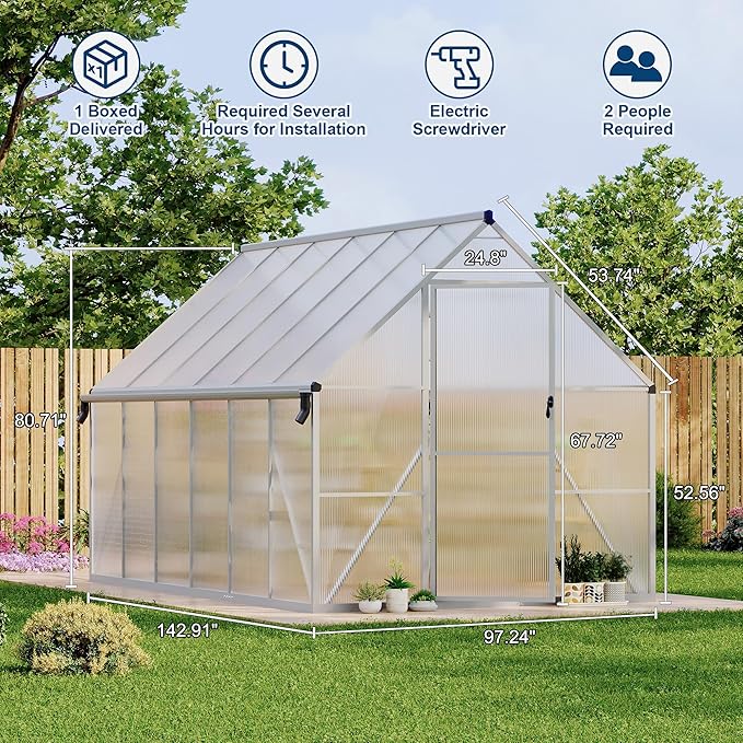 8'X12' Aluminum-Framed Polycarbonate Greenhouse, Heavy Duty Polycarbonate Greenhouse with Quick Setup Structure and Roof Vent, Large Enhanced Aluminum Greenhouses Kit for Outdoors