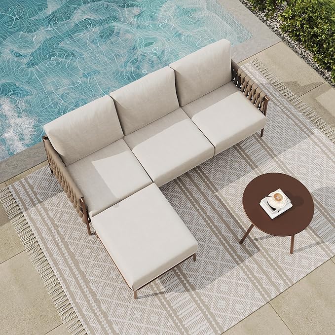 EAST OAK 3-Piece Patio Furniture Set | Life Chatter 4-Seat Outdoor Furniture | Sectional Sofa Set with Round Coffee Table | Deep Seating Sofa with Thick & Washable Cushions | Chestnut & Apricot