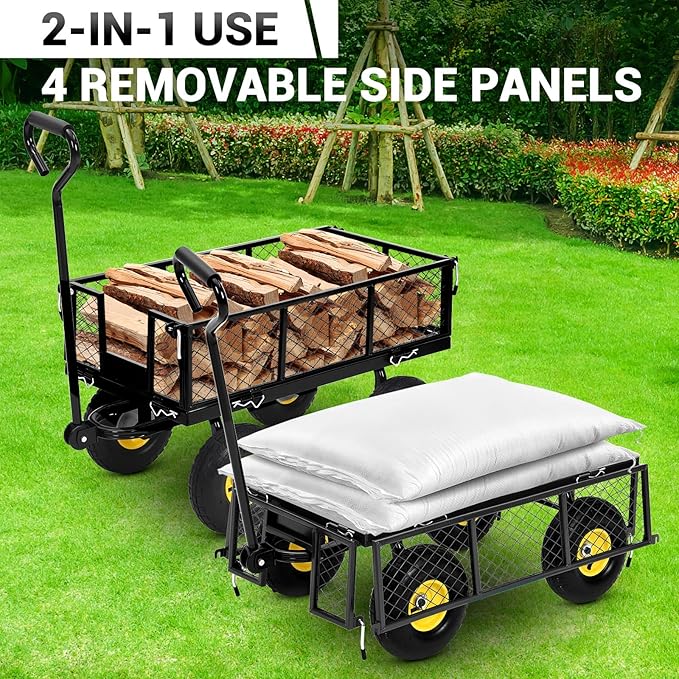 550 Lbs Steel Garden Cart. Heavy Duty Metal Garden Wagon with 10" Wheels, Pullable Metal Garden Wagon w 180° Rotating Handle and Removable Sides for Farm, Yard,
