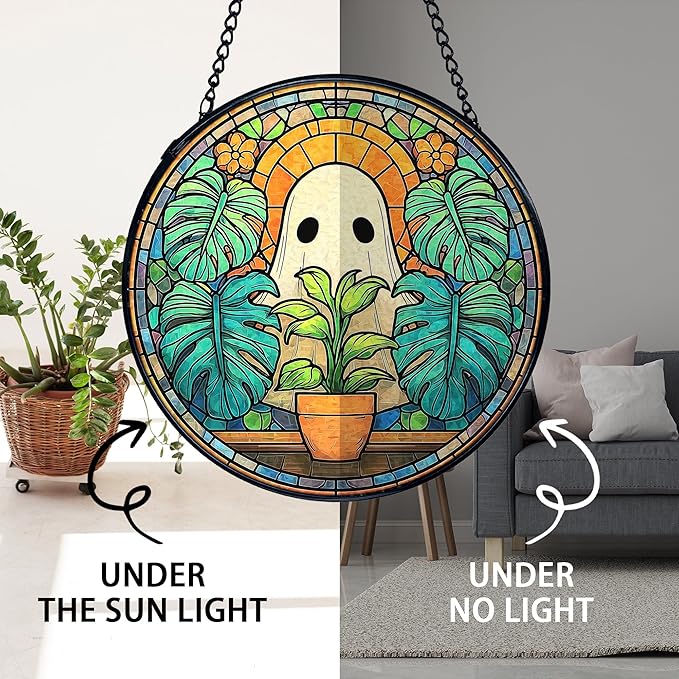 TNUW Ghost Plant Stained Glass Window Hanging, Halloween Ghost Sun Catchers Indoor Window Glass Round Wall Art Decor, Plant Lovers Gifts Wall Hanging Decorations, 7.9＂x7.9＂