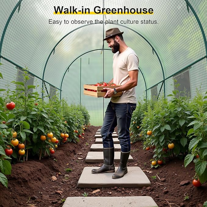Greenhouse, 15’x7’x7’ Walk-in Greenhouse Heavy Duty Tunnel Green House with 6 Ventilated Mesh Windows & Zippered Roll-up Door, Large Plant Garden Hot House Outdoor with Reinforced Frame
