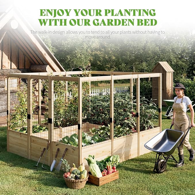 PaPaJet Wooden Raised Garden Bed for Outdoor, 1.6FT Depth Large Planter Box with Netting for Gardening, Vegetables, Flowers, Herbs（7.5× 8.9× 5.9FT）