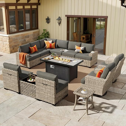 HOOOWOOO Outdoor Sectional Patio Furniture Set with Fire Pit Table,13 Pieces Wicker Conversation Sets L Shaped Couch,Extra Deep Out Door Sofa Outside Furniture with Swivel Chairs,Black