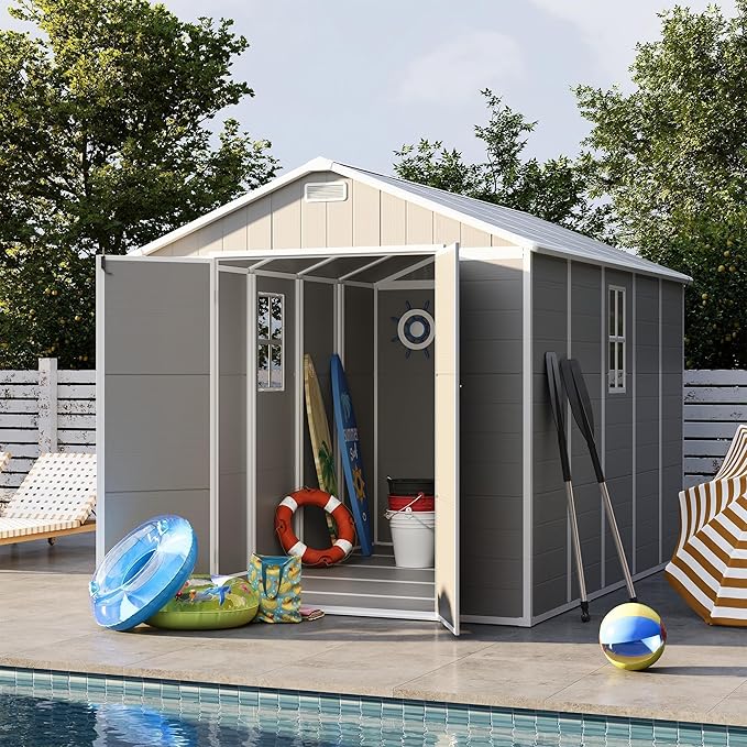 UDPATIO Storage Shed 8 x 10 FT, Resin Outdoor Garden Sheds with Floor Plastic Patio Outdoor Storage with Lockable Door for Tool, Bike, Garbage Gray White
