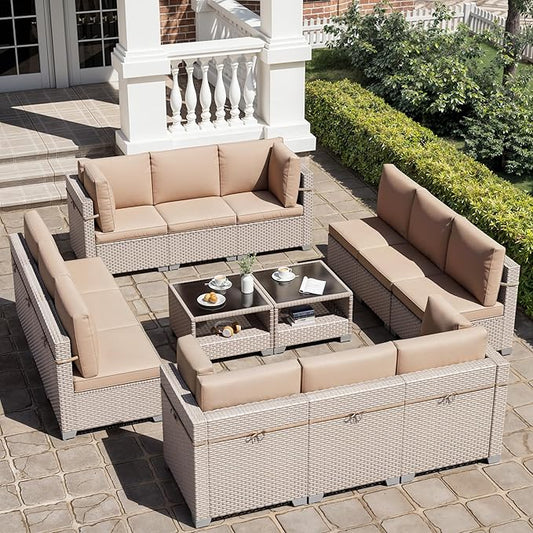 14 Pieces Patio Furniture Set, Outdoor Sectional Wicker Sofa with Thick Cushions and Storage Coffee Table, Rattan Patio Conversation Sets for Deck Yard Poolside, Khaki
