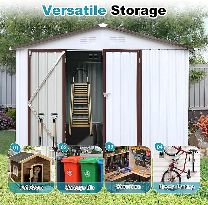 8x10 FT Outdoor Storage Shed, Metal Tool Shed with Lockable Doors, Peaked Roof & Frame Floor, Garden Shed with Vented Design for Backyard Garden Patio Lawn, White+Coffee
