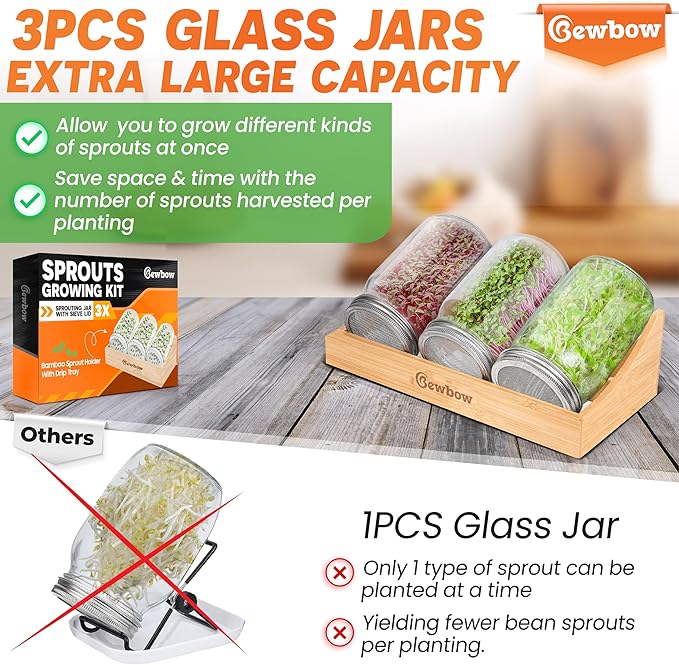 [Upgraded] 3 PCS Seed Sprouting Mason Jar Kit with Bamboo Holder, Drain Tray, Screen Lids, Blackout Sleeves, Good Ventilation & Drainage Capacity, Growing Fresh Organic Mung Beans & Microgreens