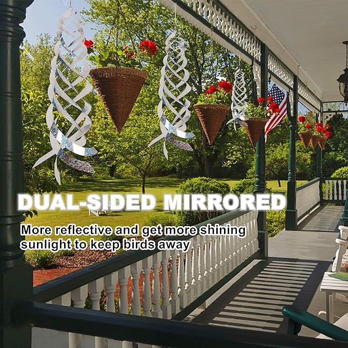 Hausse Bird Repellent Spiral Reflectors Silver Mylar Spinner, Hanging Reflective Bird Deterrent Device, Garden Decorative Scare Birds Away, Like Woodpeckers, Pigeons and Geese, 3 Pack
