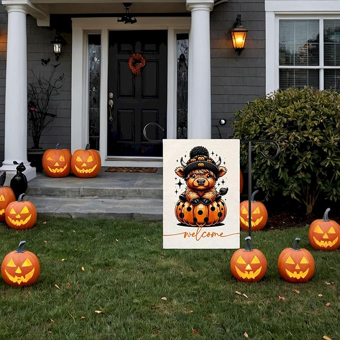 Welcome Halloween Garden Flag for Outside, 12x18 Inch Double Sided Halloween Pumpkin Highland Cow Yard Flag, Farmhouse Small Yard Flags for Outdoor Decorations, Holiday Decor Gifts-A02