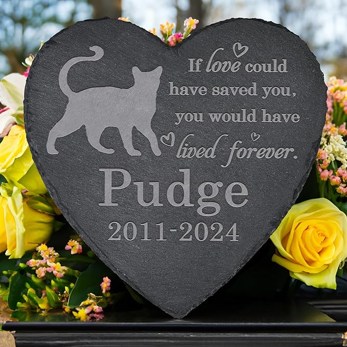 Cat Memorial Stone Cat Garden Statue - Cat Memorial Gifts - Cat Tombstone - Cat Loss Gift - Loss of Pet Cat - Heart