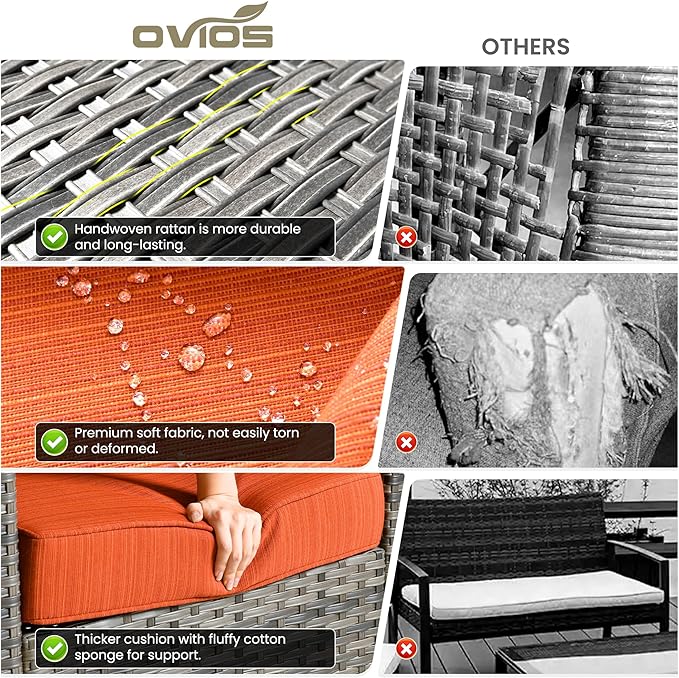 ovios Patio Furniture Set, 6 Pieces Outdoor Wicker Sofa Couch with Fire Pit Table, Ottomans and Comfy Cushions, All Weather High Back Rattan Conversation Set, Orange Red