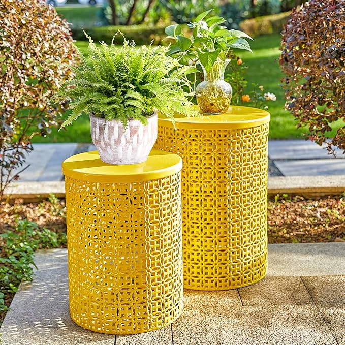 Glitzhome Outdoor Side Table Set of 2, Decorative Garden Stool for Indoor Outdoor Heavy Duty Metal Frame Accent Table Modern End Table, Glossy Yellow
