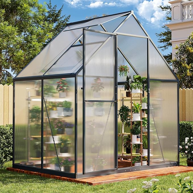 AOXUN 4x6 FT Outdoor Greenhouse, Polycarbonate Greenhouse with Aluminum Frame, Walk-in Green House with Roof Vent, Ground Nails, Lockable Door for Garden Backyard, Patio, Lawn,Quick-Installation