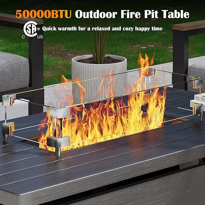 Sundale 50 Inch Outdoor Fire Pit Table, 50,000BTU Rectangle Propane Fire Pit with Glass Wind Guard, Rain Cover, Removable Lid, CSA Certified, Gray