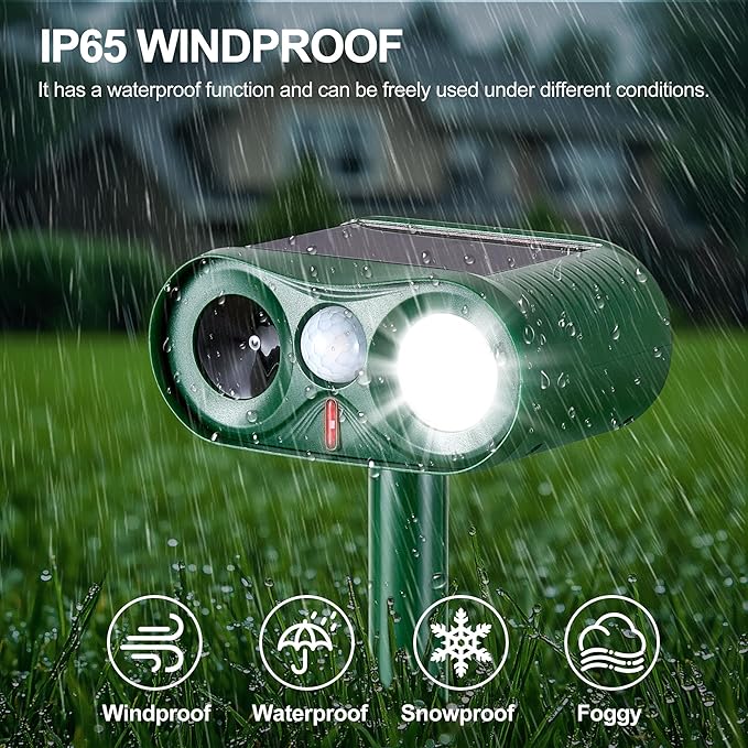 2Pack Solar Ultrasonic Animal Repeller with Strobe Light – for Gardens, Farms and courtyards Outdoor Deterrent for Raccoons, Deer, Squirrels, Cats, Skunks & Foxes