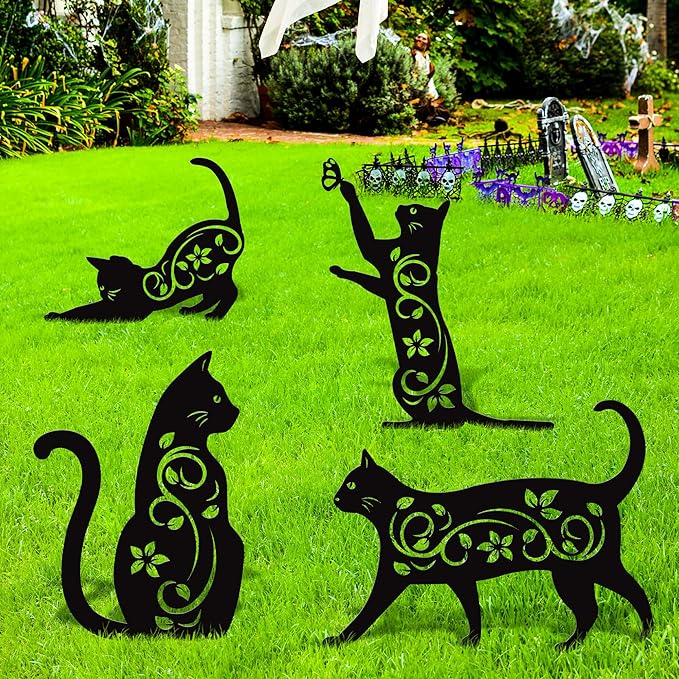 Elcoho 4 Pack Black Cat Silhouette Cute Metal Cat Garden Statues Bird Repellent Decorative Garden Stakes for Yard, Garden, Lawn Outdoor Decorations