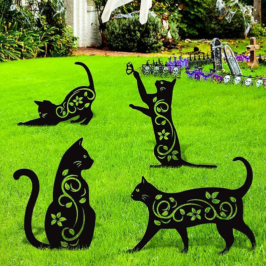 Elcoho 4 Pack Black Cat Silhouette Cute Metal Cat Garden Statues Bird Repellent Decorative Garden Stakes for Yard, Garden, Lawn Outdoor Decorations