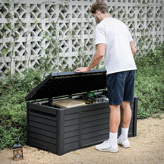 DWVO Outdoor Storage Deck Box, 120 Gallon Capacity, Waterproof Storage Bench, Lockable Lid, Resilient Resin Construction, Black