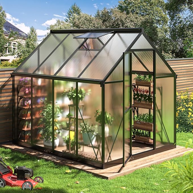 WKM 5.8x7.3 FT Greenhouse for Outdoors, Quick-fit Structure Greenhouse with Window for Ventilation, Aluminum Green House for Garden Backyard, Black