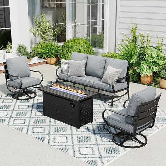 Sophia & William Patio Furniture Sets with 45" Gas Fire Pit Table Outdoor Metal Conversation Sets for 5, 2 x Swivel Cushioned Patio Sofa Chairs, 1 x 3-Seat Sofa 4 Pieces for Lawn Backyard Grey