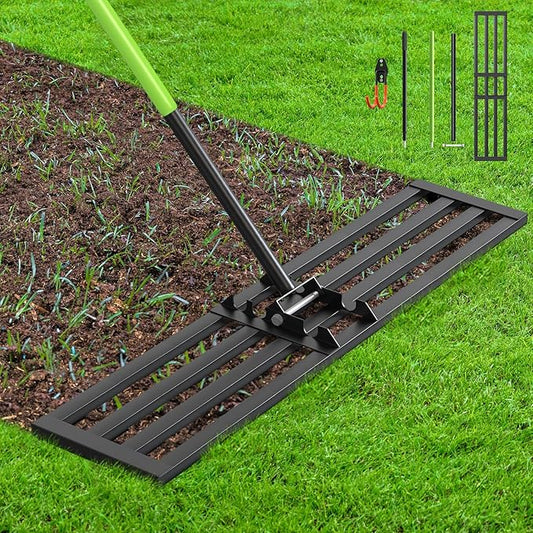 Seeutek Lawn Leveling Rake, 45” x 10” Lawn Leveler with 6.5FT Stainless Steel Handle Rakes for Lawns, 0-180° Adjustable Ground Leveler Tool for Yard, Level Soil Sand Dirt Surfaces