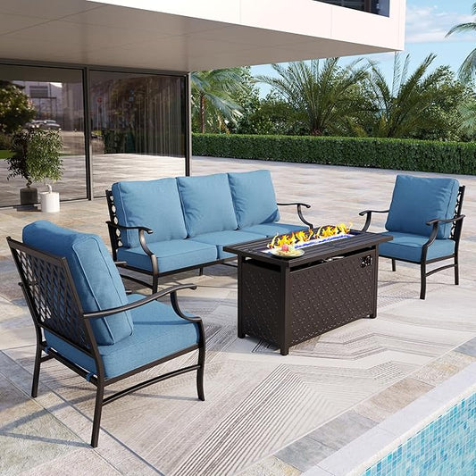 Patio Furniture Set, 4 Pcs Metal Outdoor Conversation Set, 2 Single Chairs and 3 Seater Sofa with 5.75" Extra Thick Cushion and Gas Fire Pit Table for Backyard Deck, Navy Blue