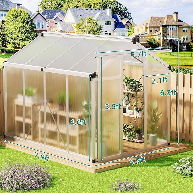 Garvee 6x8 FT Greenhouse - Aluminum Greenhouses for Outdoors, Large Polycarbonate Greenhouse with Roof Vent, Heavy Duty Walk-in Green Houses for Outside Garden, Backyard, Patio, Lawn, Easy Assembly