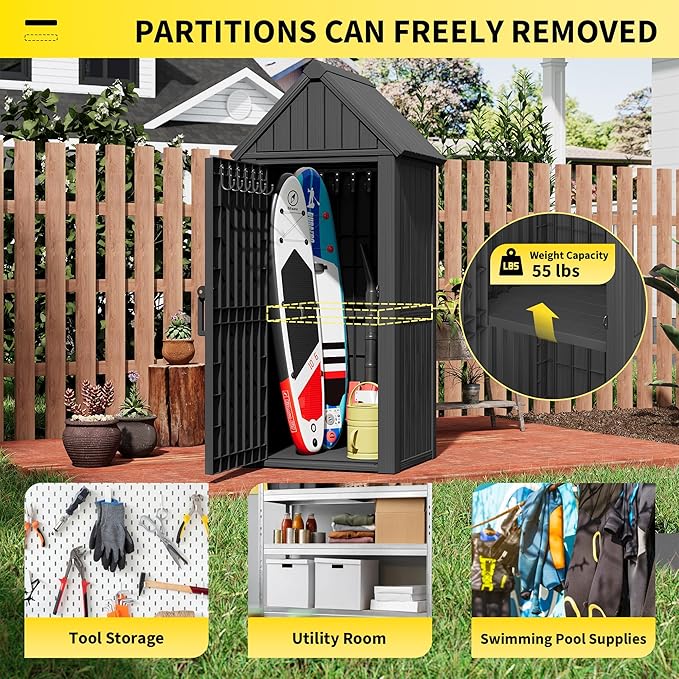 Outdoor Resin Storage Shed, Upgrade Durable Storage Cabinet with Removable Shelves and Lock Ring, Reinforced Floor, All-Weather Construction for Garden Patio Lawn (Black)
