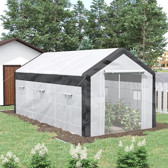 Outsunny 20' x 10' x 9' Walk-in Greenhouse, Outdoor Gardening Canopy with 6 Roll-up Windows, 2 Zippered Doors & Weather Cover, White