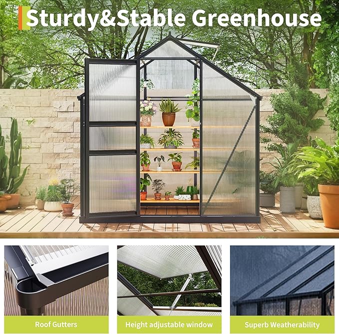 Greenhouses for Outdoors, Polycarbonate Greenhouse with Quick Setup Structure & Roof Vent, Heavy Duty Frame Walk-in Green Houses for Outside Garden Backyard