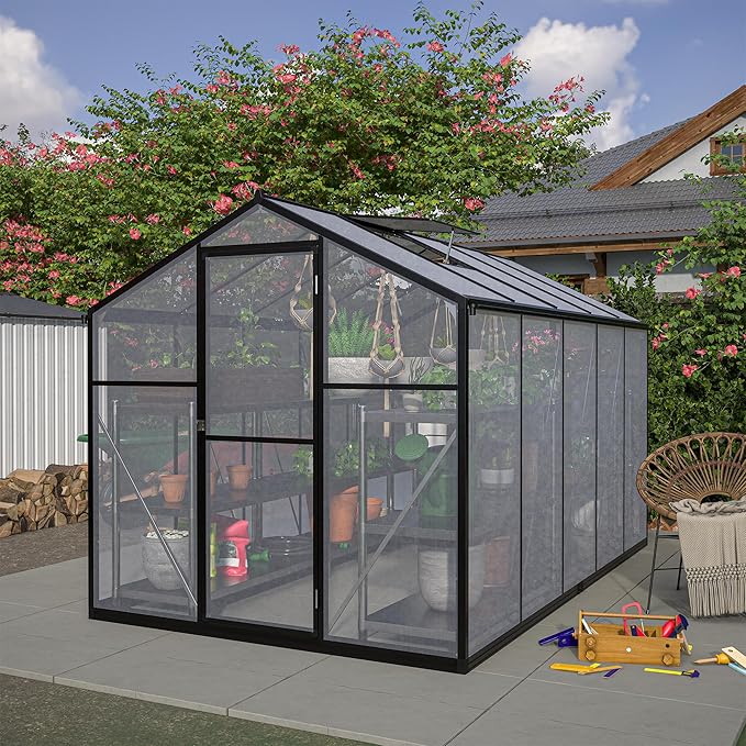 6x10 FT Greenhouses for Outdoors,Heavy Duty Polycarbonate Greenhouse,Lockable Walk-in Green House Sunroom w/ Roof Vent,Aluminum Hot House for Garden Plants Backyard Patio,Black