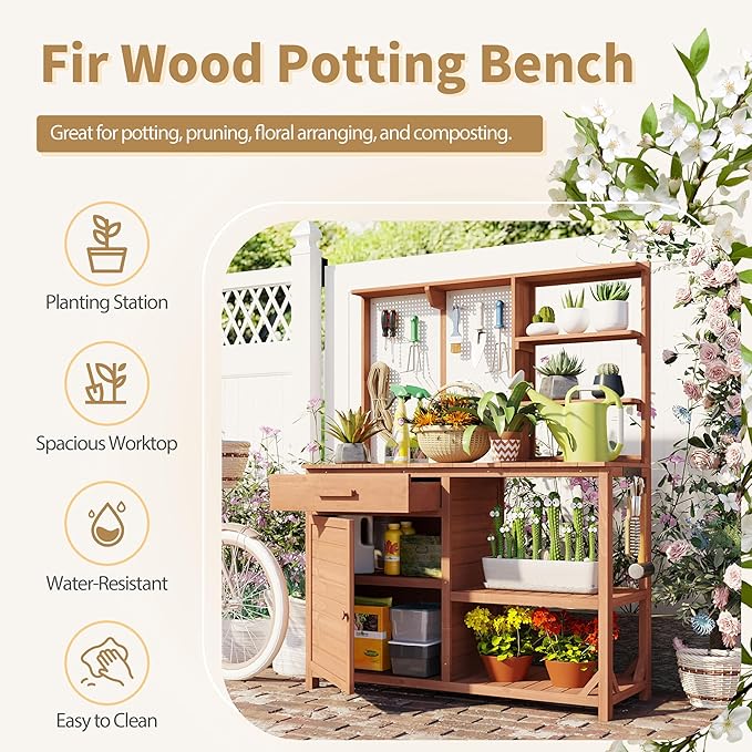 Fir Wood Potting Bench with Hutch - Outdoor Garden Workstation with 4 Shelves, Drawer & Adjustable Storage, 50.2" Countertop, & Pegboard (Brown + Wood + Rustic)