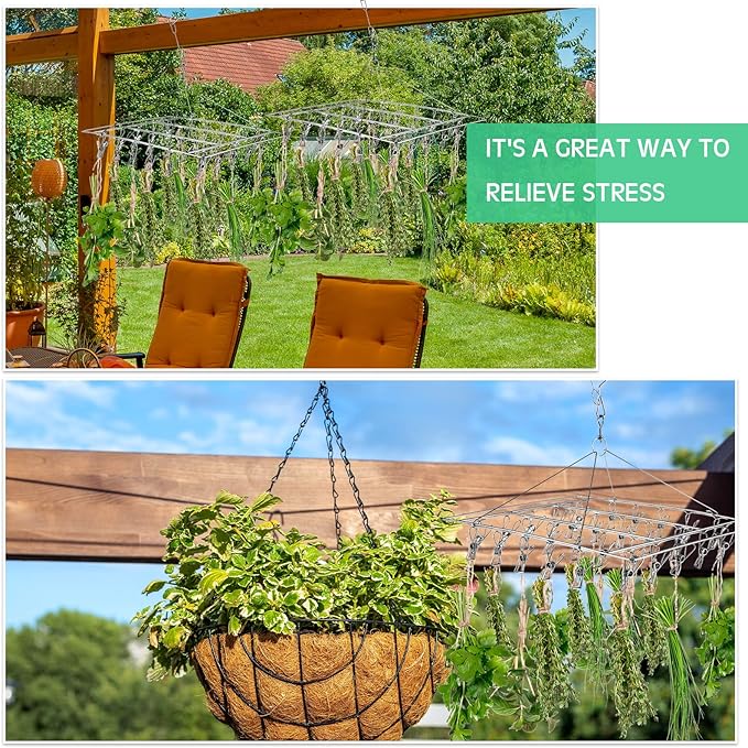 Bokon 4 Pcs Hanging Drying Rack for Herb Macrame Flower with Stainless Clip Dryer Hook for Drying Herb Air Plants Spices Flower Hydroponic Plant Ready to Use with Ceiling Hook(Square)