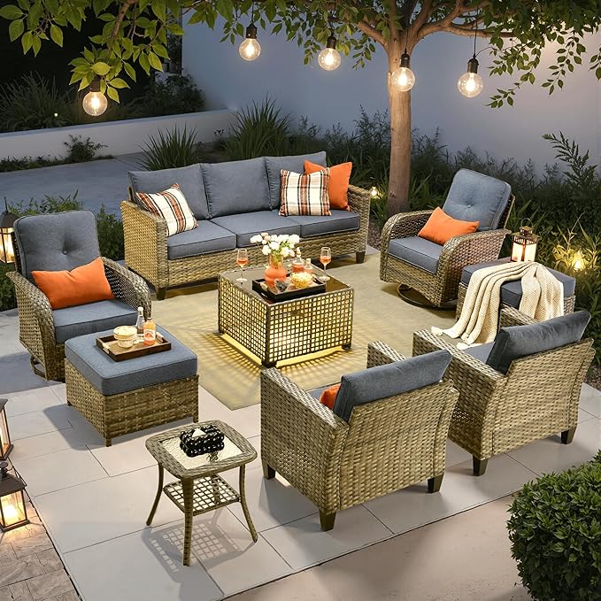 ovios 9 Pieces Patio Furniture Set, Outdoor Wicker Sofa Couch with Rocking Swivel Chairs Solar Lights Table, Modern Deep Seat Rattan Conversation Sets for Porch Deck, Denim Blue