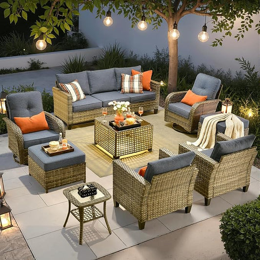 ovios 9 Pieces Patio Furniture Set, Outdoor Wicker Sofa Couch with Rocking Swivel Chairs Solar Lights Table, Modern Deep Seat Rattan Conversation Sets for Porch Deck, Denim Blue