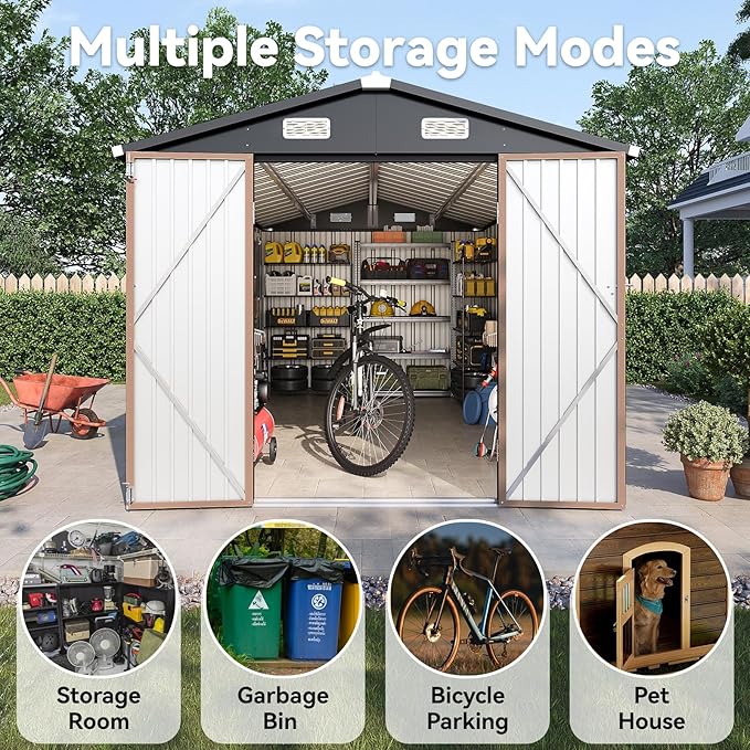 8x12FT Outdoor Storage Shed, Metal Garden Shed with Lockable Double Doors & Sloping Roof, Weather-Resistant Tool Shed for Backyard, Patio, Poolside Brown