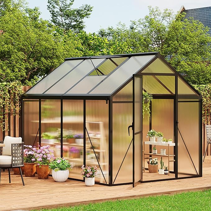 6x8 FT Greenhouse, Easy Assembly Aluminum Polycarbonate Greenhouses for Outdoors with Roof Vent and Ground Nails, Heavy Duty Aluminum Walk-in Greenhouse for Backyard, Sliding Lockable Door, Black