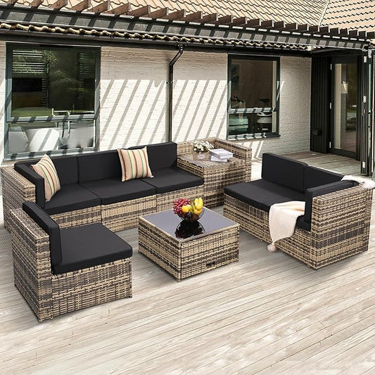 8 Pieces Outdoor Wicker Rattan Patio Furniture Sectional Set, Glass Top Table with Hidden Storage, 7 Sofa Sections, Oversized Cushions, Natural Color Rattan with Black Cushion