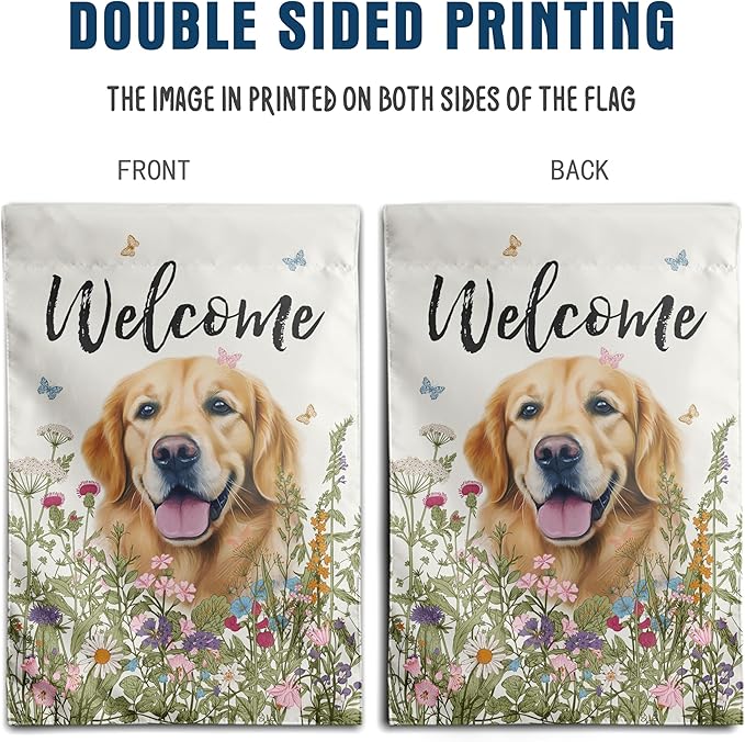 Spring Summer Garden Flag Floral Golden Retriever Yard Flag Flower Dog Garden Flags for Outside Small Outdoor Welcome Flags 12x18 Double Sided