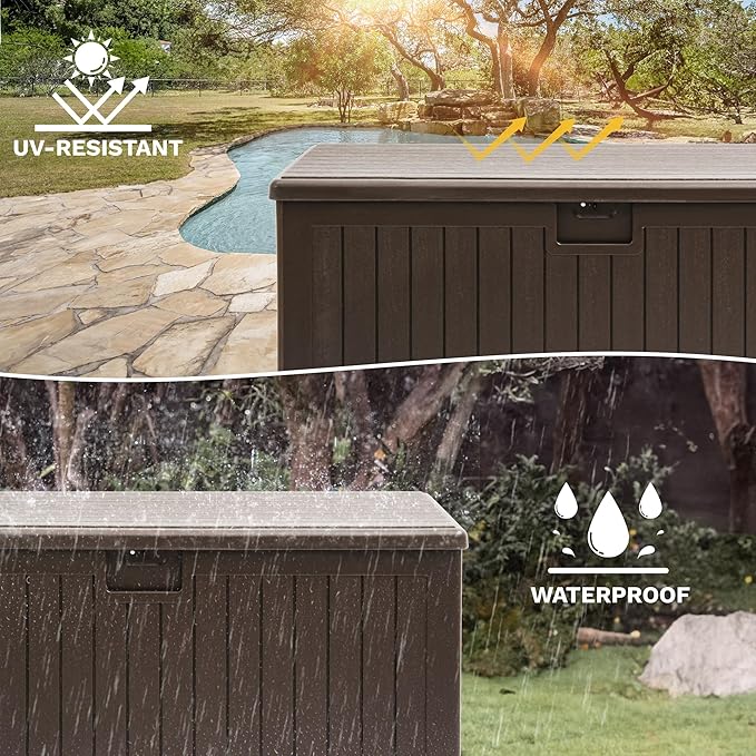DWVO 150 Gallon Resin Outdoor Storage Box, XXL Double-Wall Waterproof Deck Box, Doubles as Table or Seating with 1000 lbs Capacity, Lockable (Brown)