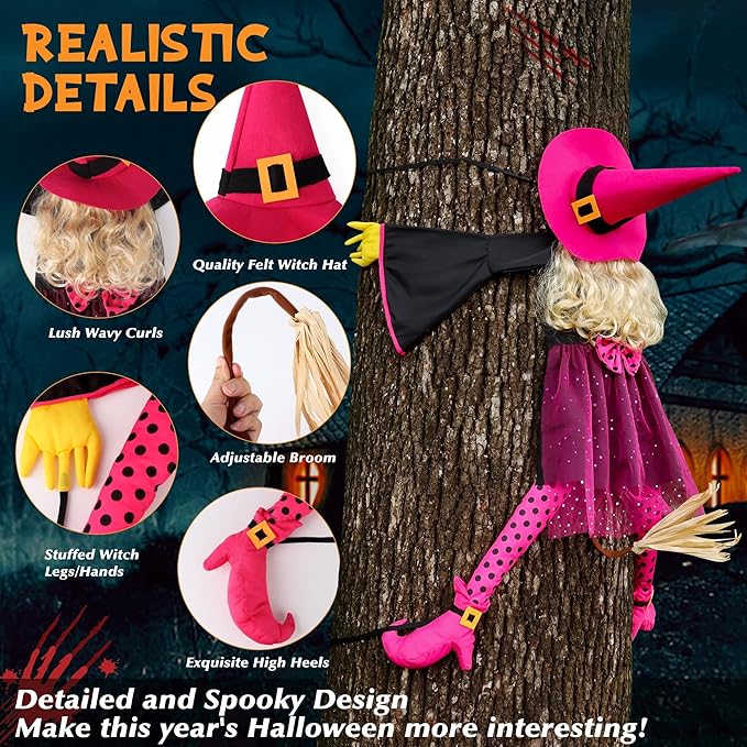 53" Crashing Witch Halloween Decoration - Funny Pink Witch Tree Prop for Yard, Porch, Door, Fence, Patio, Lawn, Garden - Indoor & Outdoor Hanging Halloween Decor