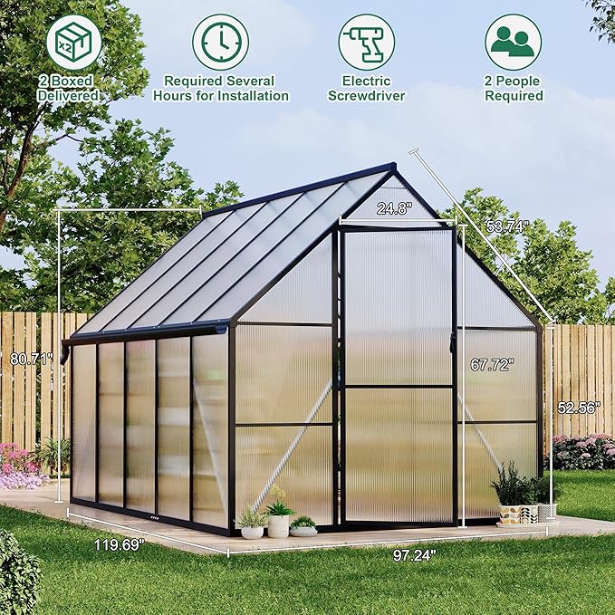 Aluminum Polycarbonate Greenhouse for Outdoors, Large Walk-InGreenhouse with Quick Setup Structure and Roof Vent, Greenhouse with Ventilation and Rain Gutter