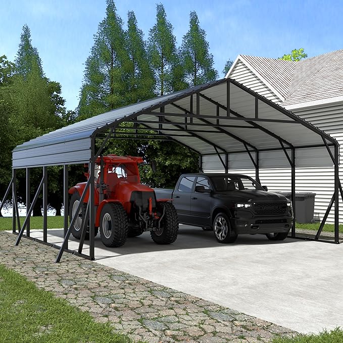 Xilingol Metal Carport, Heavy Duty Carport Canopy with Galvanized Steel Frame and Roof, Outdoor Storage Shed, Car Tent Garage Shelter for Pickup, Truck, Boat and Tractor, Grey (20x20 FT Black)