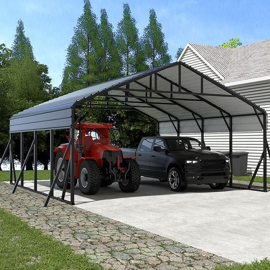 Xilingol Metal Carport, Heavy Duty Carport Canopy with Galvanized Steel Frame and Roof, Outdoor Storage Shed, Car Tent Garage Shelter for Pickup, Truck, Boat and Tractor, Grey (20x20 FT Black)