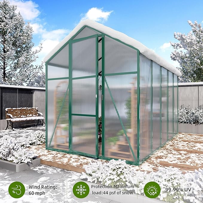 86in High 6*8.2FT Greenhouse for Outdoors, Polycarbonate Greenhouse with Stronger Wind Protection and Roof Vent, Walk-in Large Aluminum Sunroom Winter Proof, Green