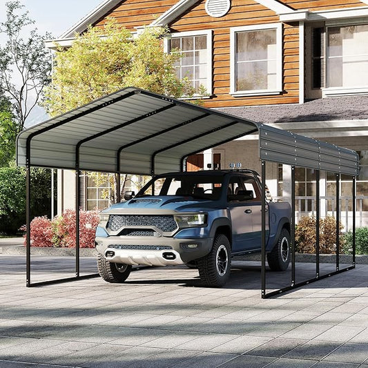 12x20 FT Heavy Duty Metal Carport Canopy with Galvanized Steel Roof, Multi-Use Shelter Outdoor Garage for Car, Boat, Party,Gray